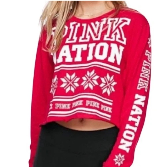 PINK Victoria's Secret Tops - PINK Victoria's Secret Red Graphic Festive Crop Top. NWOT. Large